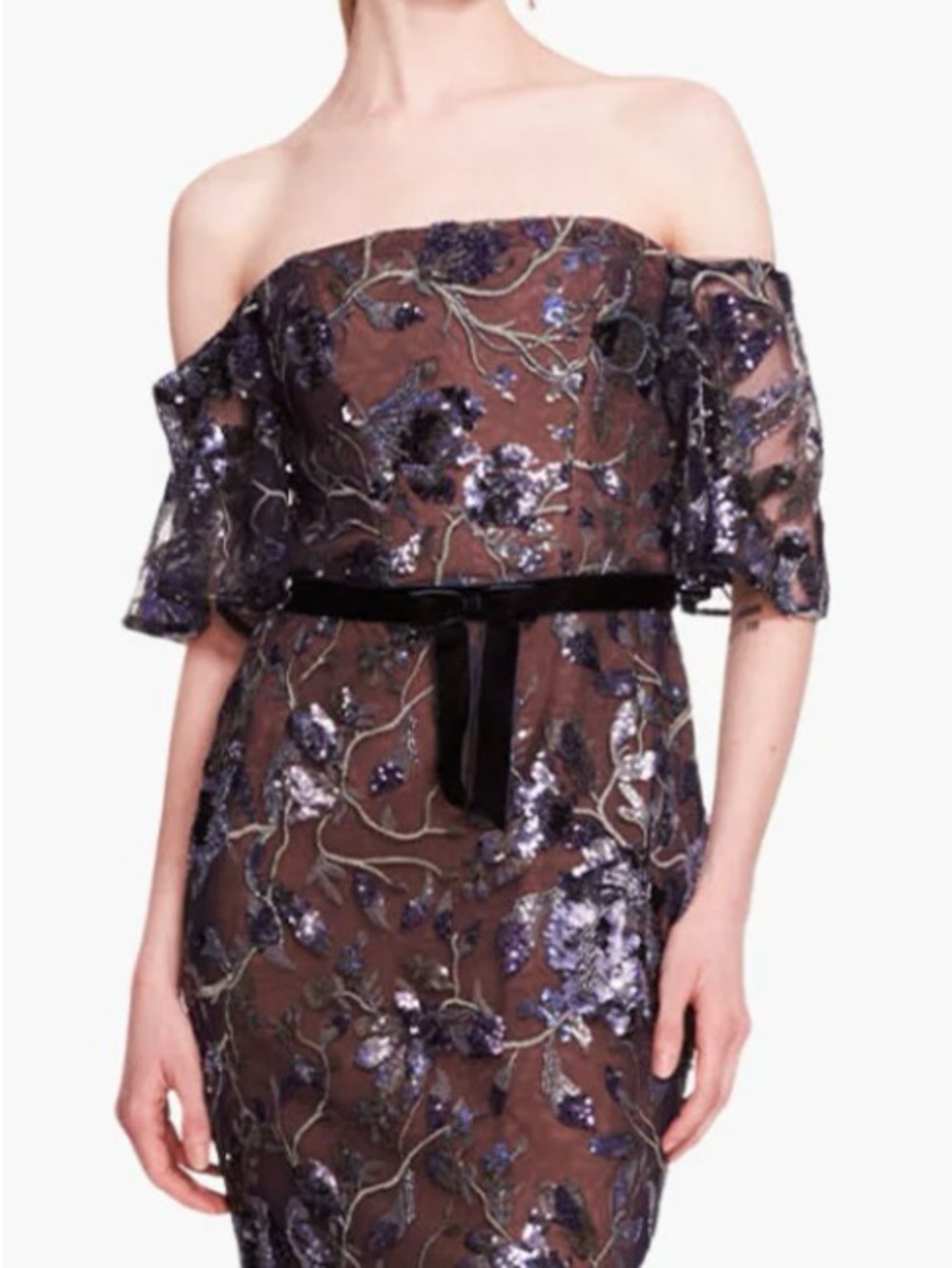 Marchesa Strapless Embroidered Sheer Cocktail Dress in Purple and Black